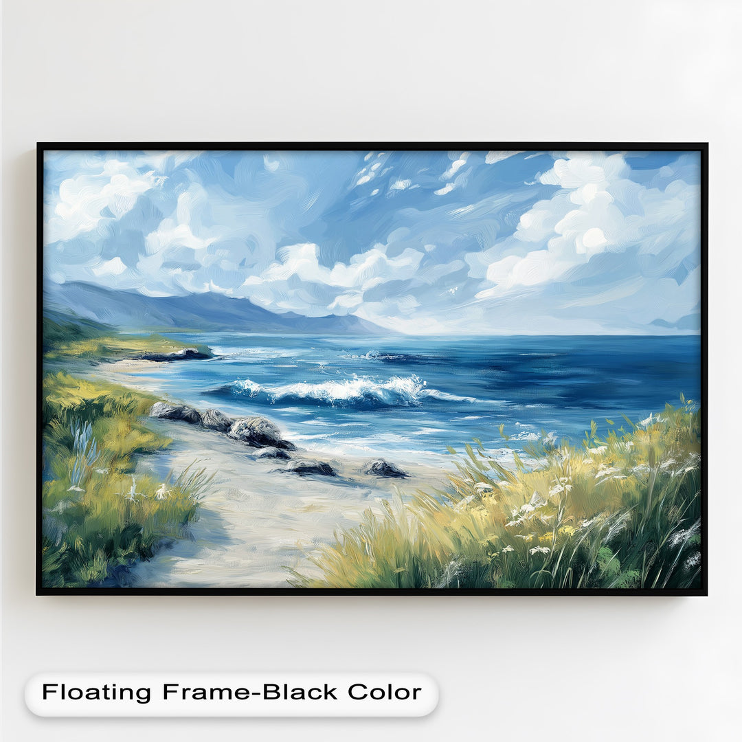Coastal seascape painting with waves crashing on a sandy shore.
