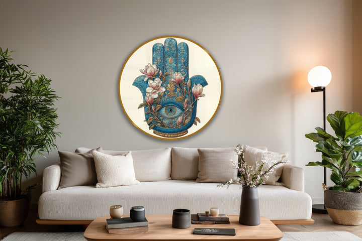 Depth and layers in this mystical symbol round oil painting artwork showcase the turquoise Hamsa hand and floral details, adding dimension to the elegant piece.