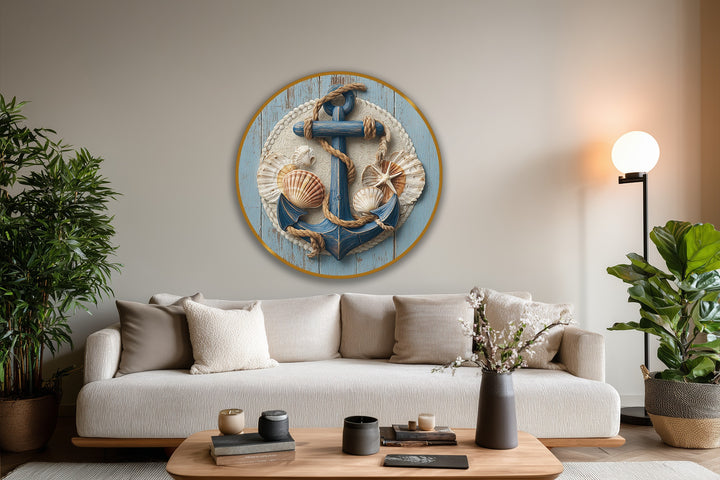 Transitional hues highlight the nautical anchor and seashells round coastal oil painting decoration, where blue fades into beige against a textured backdrop with roping accents.