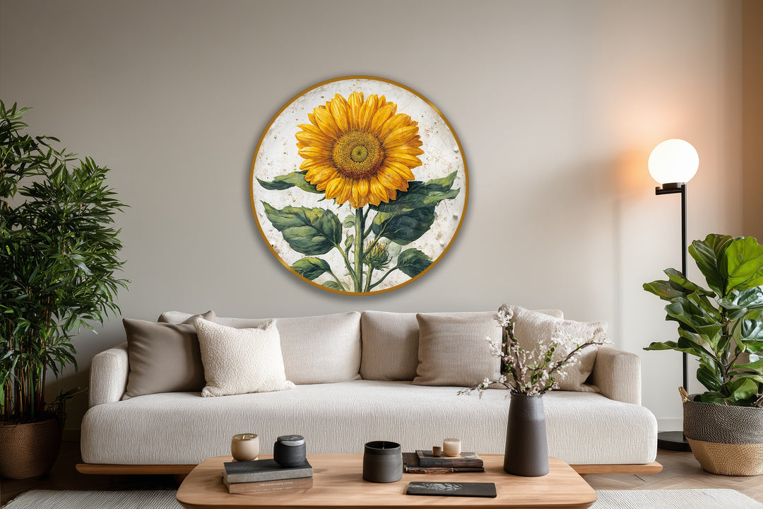 Creating depth and layers, this sunflower botanical round oil painting reveals incredible detail in its oil painting art prints with a rustic golden frame.
