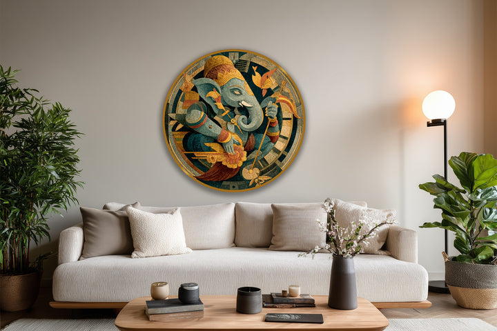 Softest textures highlight the intricately designed Sacred Ganesha circle as exquisite oil painting art prints portraying mythological themes on round wooden wall art.