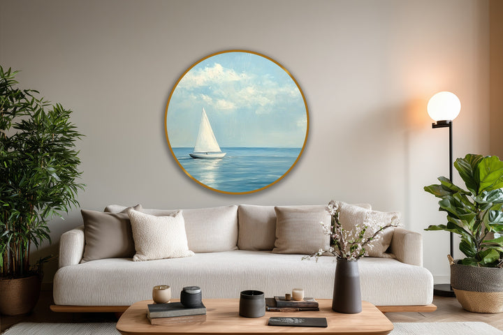 A gilded edge defines this round oil painting art piece depicting a minimalist sailboat scene, enhancing its appeal as a serene coastal home decoration.