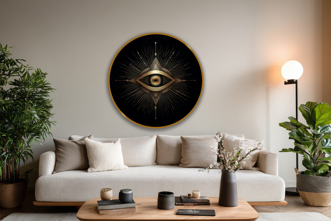Radiant geometric rays create a visual rhythm within this sacred eye round oil painting, a striking oil painting art piece in black and gold tones.