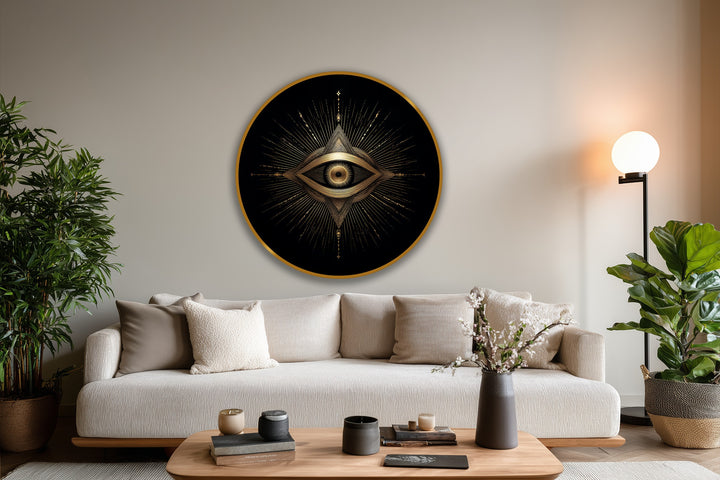 Radiant geometric rays create a visual rhythm within this sacred eye round oil painting, a striking oil painting art piece in black and gold tones.