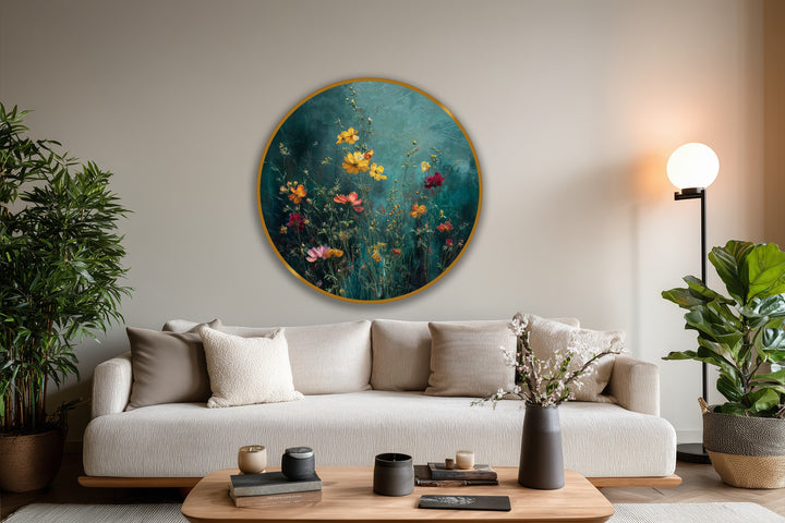 The central subject is a round Whispering Meadow oil painting wall art showing a wildflower garden with teal background.
