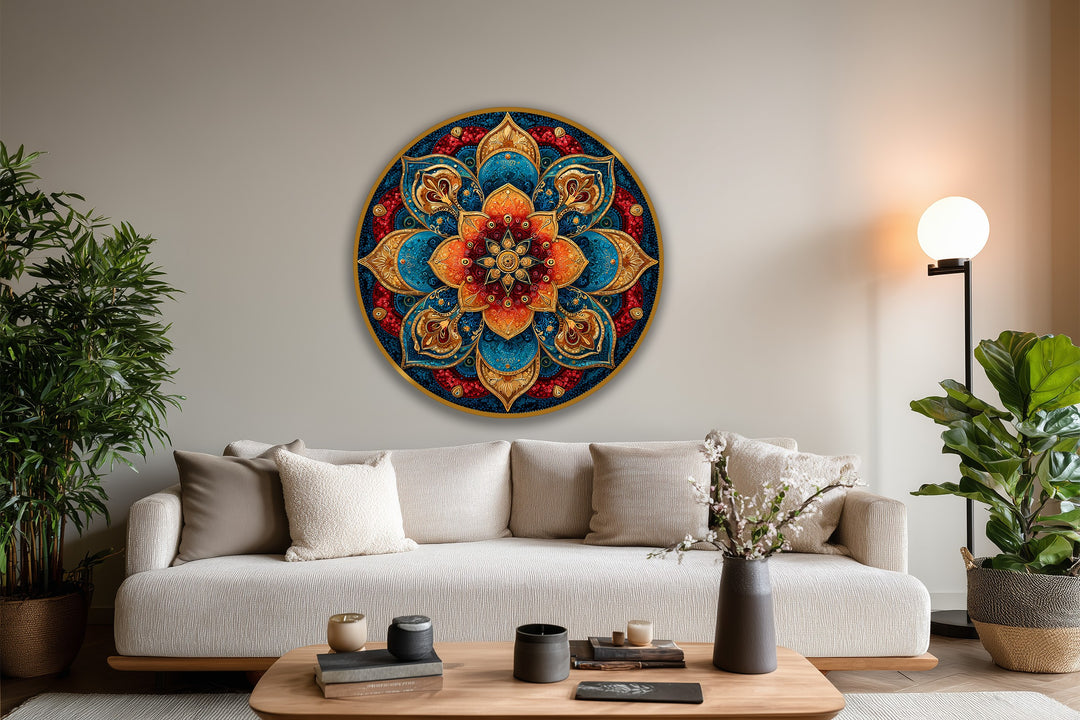 Handcrafted with meticulous detail, this modern oil painting art showcases a radiant jewel mandala with rich, saturated colors on a high-quality ornamental wood base.