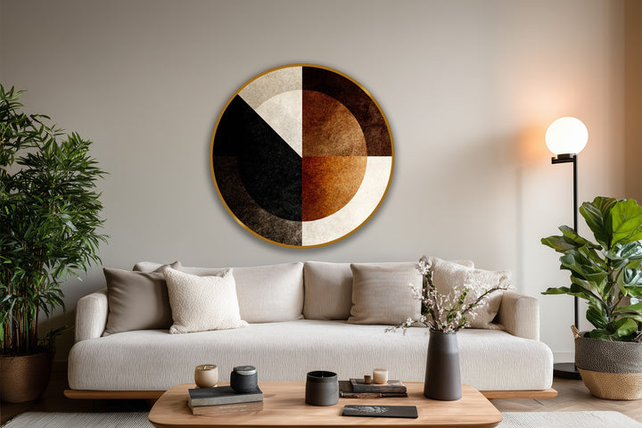 Depth and layers enhance the abstract circle composition's visual intrigue in this geometric harmony modern oil painting art on wood, showcasing warm earth tones.