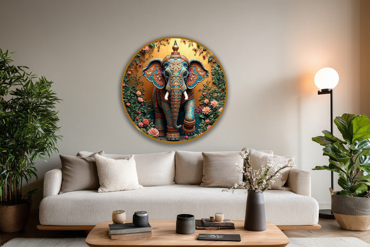 Encircling the elephant art, the golden edge defines the circle's perimeter, enhancing the modern oil painting art within the floral Ganesha piece.