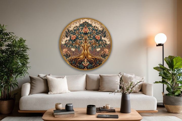 Featuring an ornate gilded edge, this decorative oil painting home decor frames a round floral tree oil painting on a light gray wall.