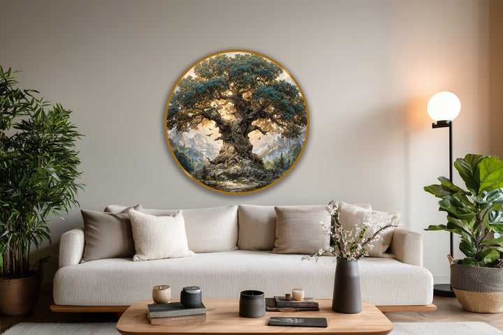 Light and shadow play across this round modern oil painting art piece, highlighting the ancient mountain oak and majestic tree landscape with warm, luminous strokes.