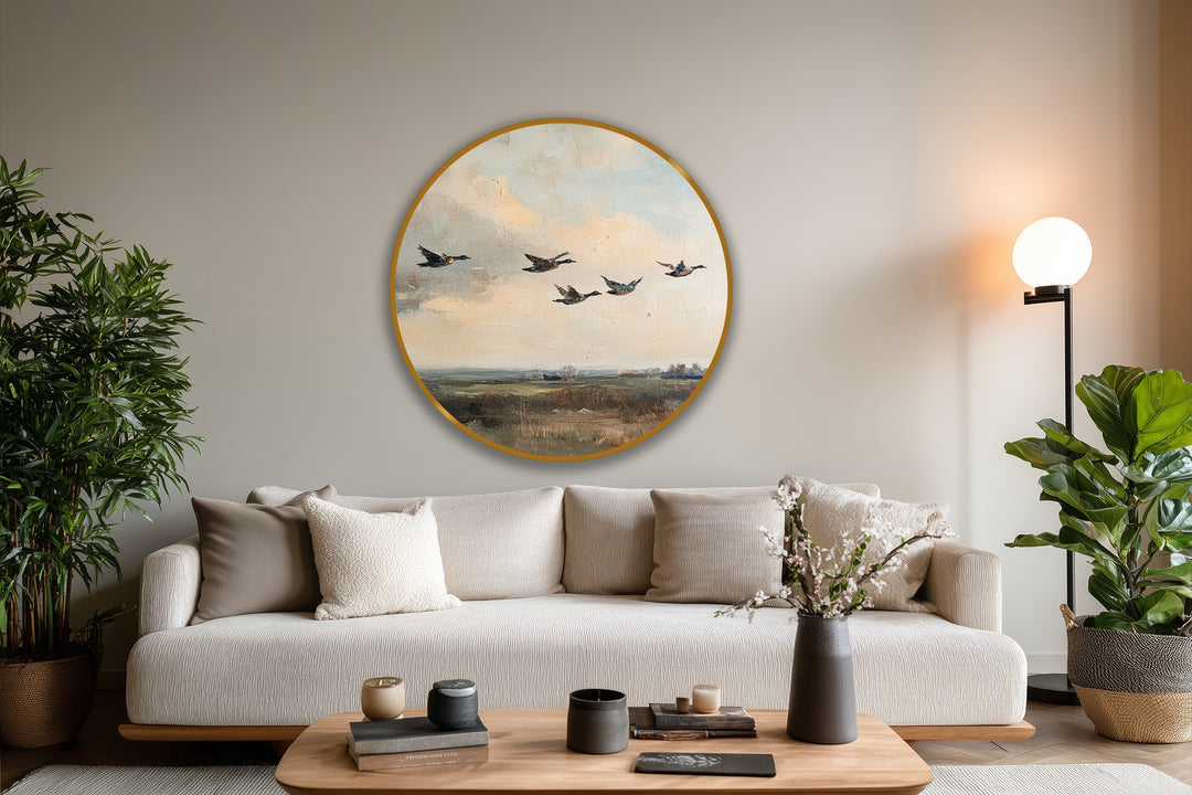 Depicting the oil painting home decor, the painting's darkest field area emphasizes the countryside landscape beneath the graceful flight of ducks.