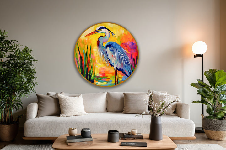 Displaying an abstract quality, the 'Radiant Marsh' round oil painting reproduction print depicts a colorful heron amidst vivid sunset hues.