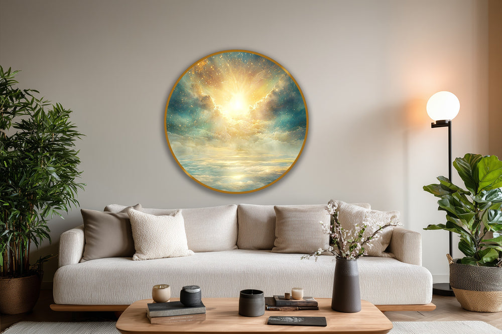 Framed by a thin, gold-toned edge, the round oil painting decoration depicts a celestial scene with a radiant sky, golden clouds, and luminous reflections.