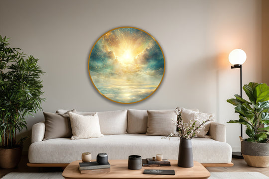 Framed by a thin, gold-toned edge, the round oil painting decoration depicts a celestial scene with a radiant sky, golden clouds, and luminous reflections.