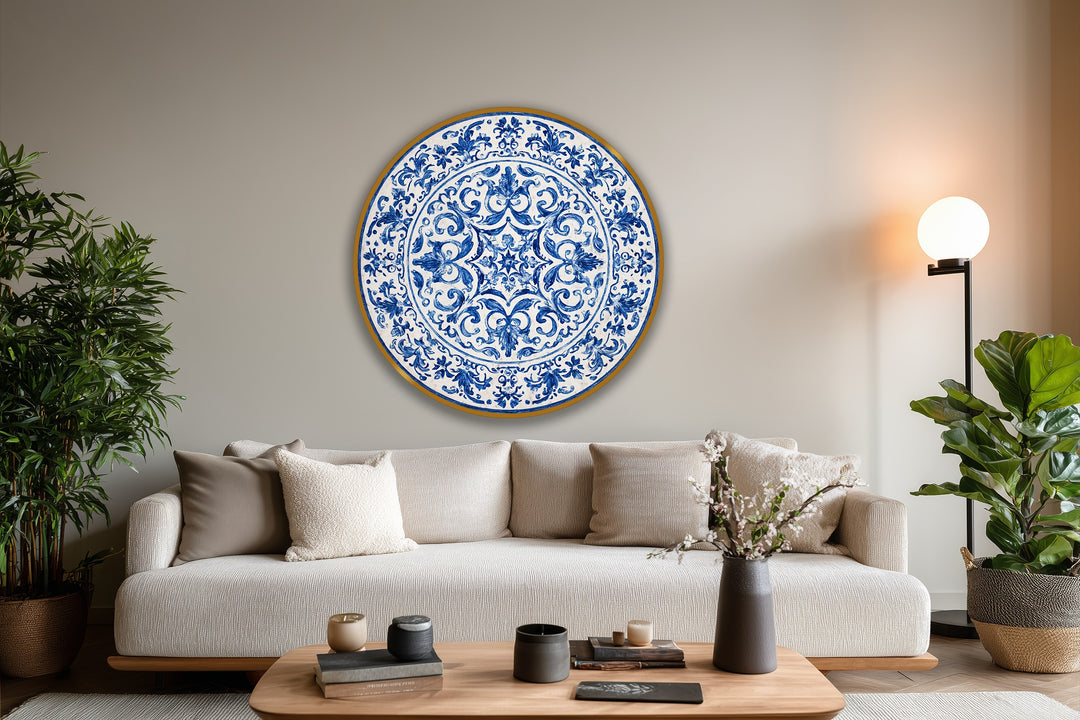 Horizontally oriented round oil painting artwork displays a classic blue ornamental plate-style pattern with an intricate floral design in a symmetrical arrangement.