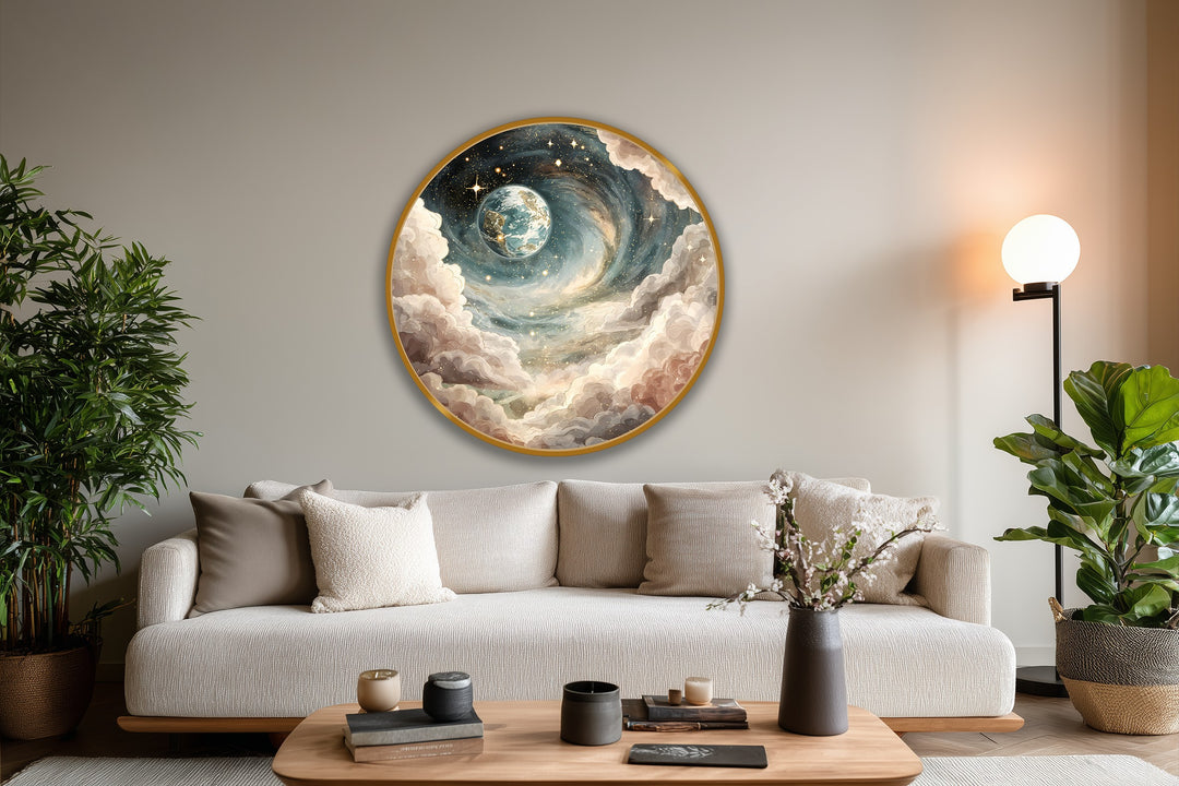 Beige is the dominant color in this celestial spiral dream cosmic earth round oil painting home decor, showcasing swirling galaxies and golden stars.