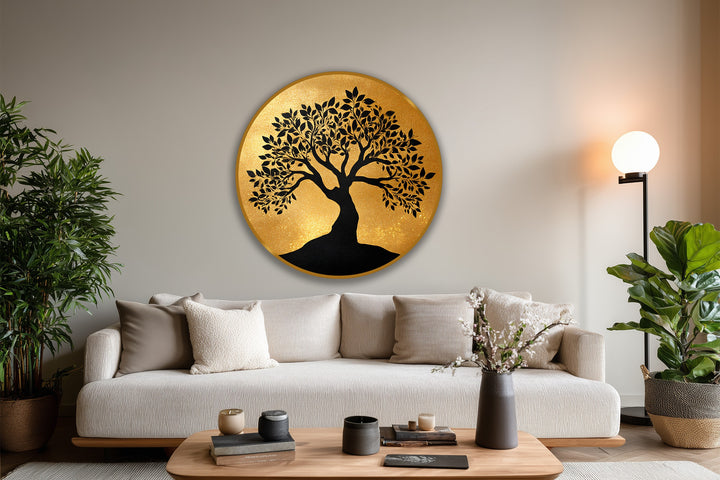 The stillness captured in this round, golden tree silhouette oil painting evokes a sense of calm with its modern oil painting art.