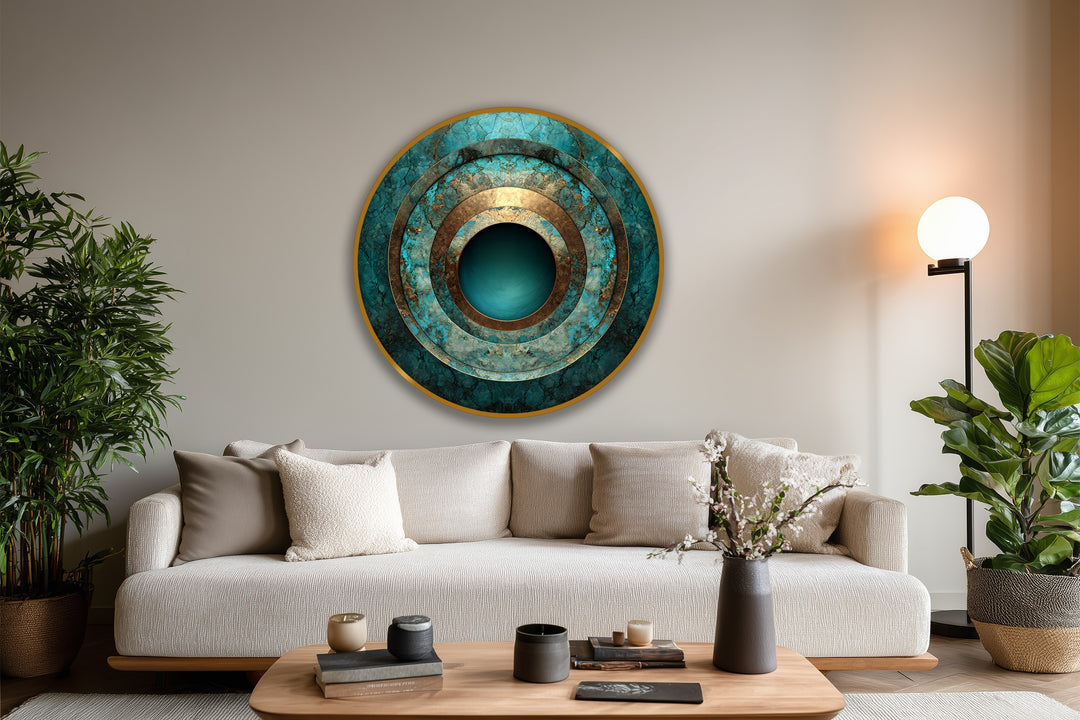 Turquoise dominates in this concentric abstract round oil painting, creating a tranquil depth in this captivating oil painting home decor art on wood.