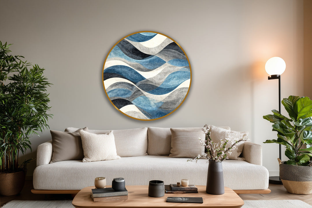 Horizontal circular oil painting reproduction print of an abstract ocean rhythm with blue wave patterns creates a dynamic and serene visual.