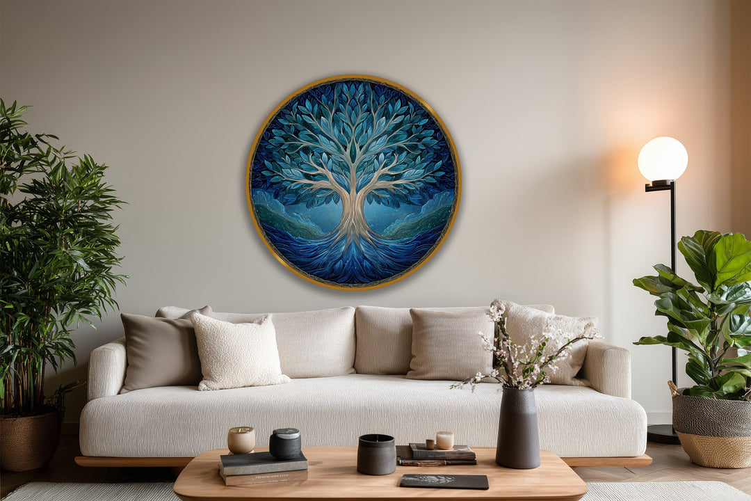 Árbol de la Vida Azul – Redondo de Madera Cuadro al óleo Arte de pared