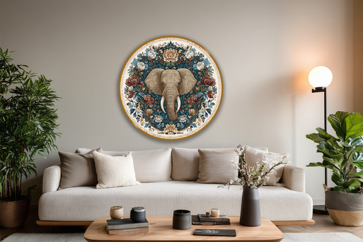 Gentle floral patterns surround the elephant in this round wood oil painting, conveying a modern oil painting art style with a subtle textural presence.