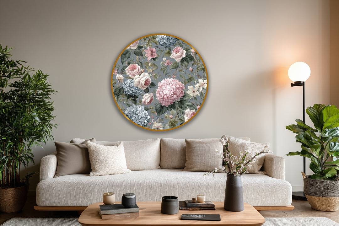 Experiencing the layering effect, this vintage garden roses and hydrangeas round oil painting wall art creates depth with a romantic floral design.