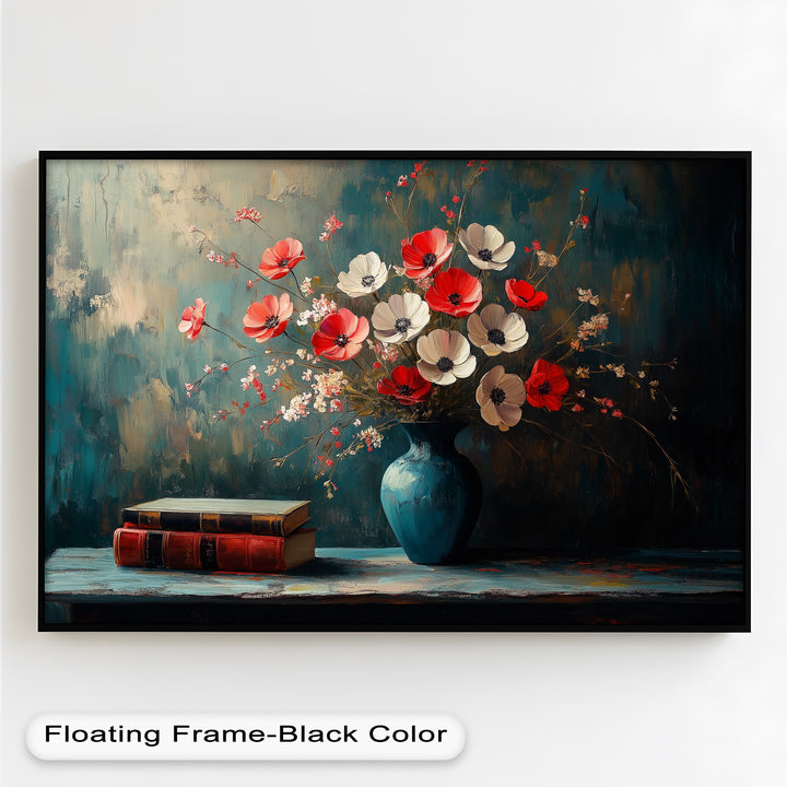 Vibrant Floral Vase with Books – Botanical Oil Paintings