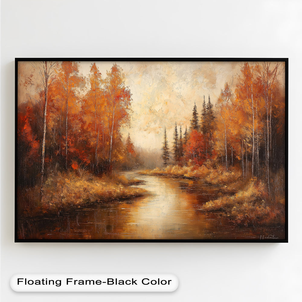 Rustic fall woodland scene featuring a glowing river and rich colors.
