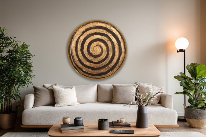 Striking golden and black hues define the finish of this round, abstract 'Golden Ripple' oil painting artwork on wood, creating a captivating wall art piece.
