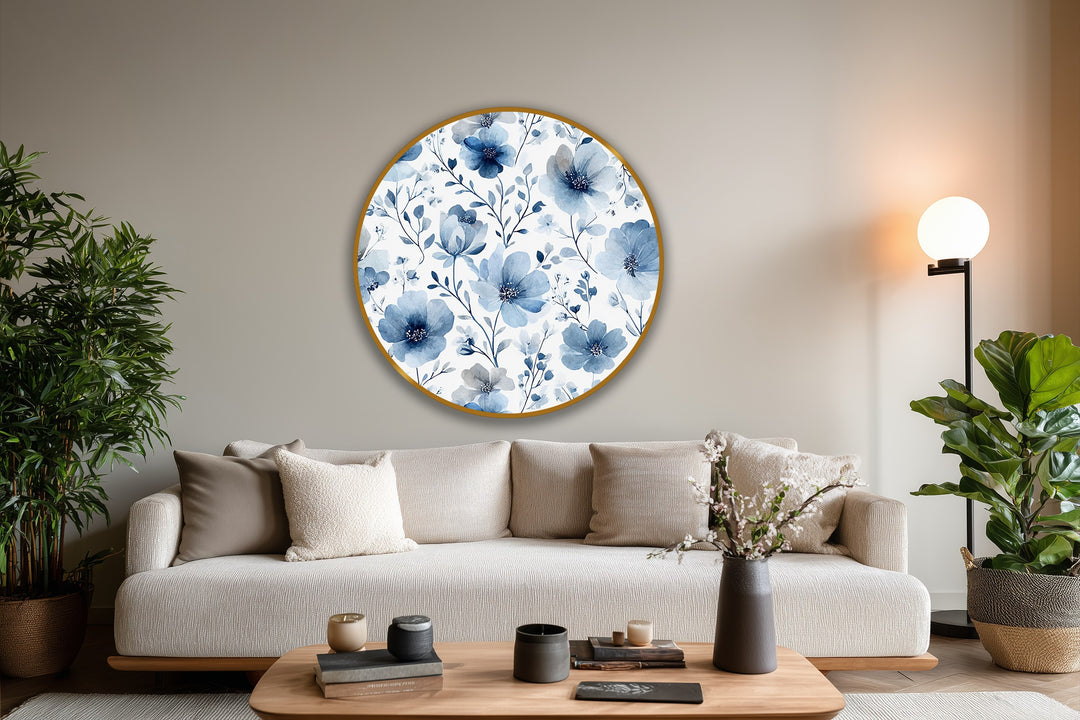 Repeated soft blue floral elements create a soothing visual rhythm in this round oil painting artwork, a botanical pattern offering elegant movement.