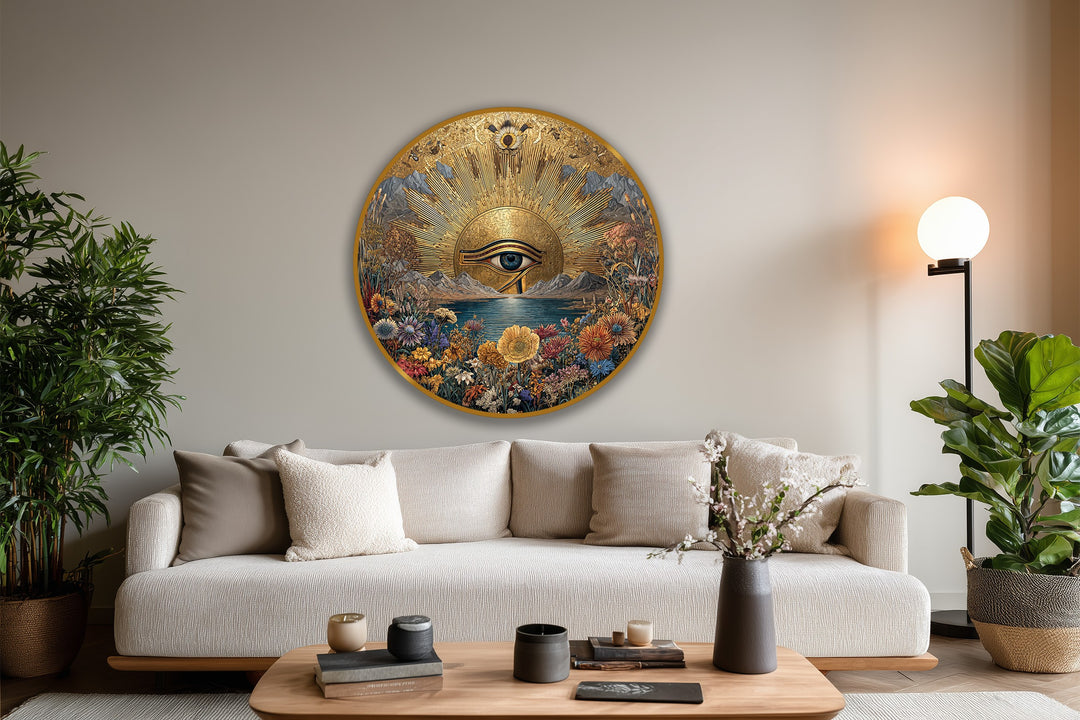 A serene beige wall offers a subtle backdrop for this golden horizon eye landscape round wooden oil painting, enhancing its presence as a unique oil painting decoration.