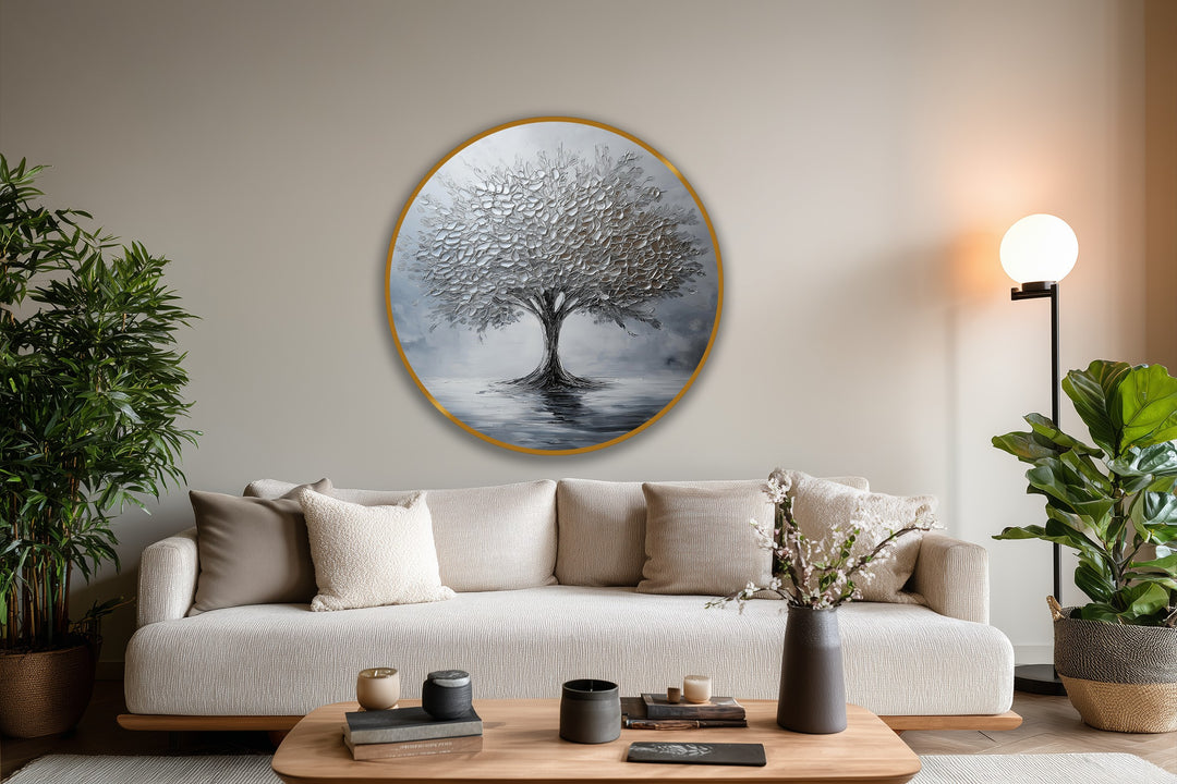 Horizontal, round oil painting home decor showcasing a monochrome silver tree reflected on water.