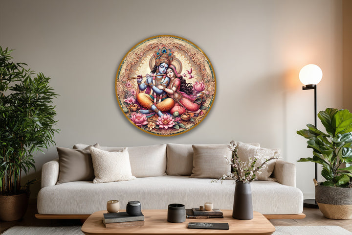 The stillness of the eternal devotion in this Radha Krishna divine love oil painting art prints is captured through the peaceful colors and lotus flower details.