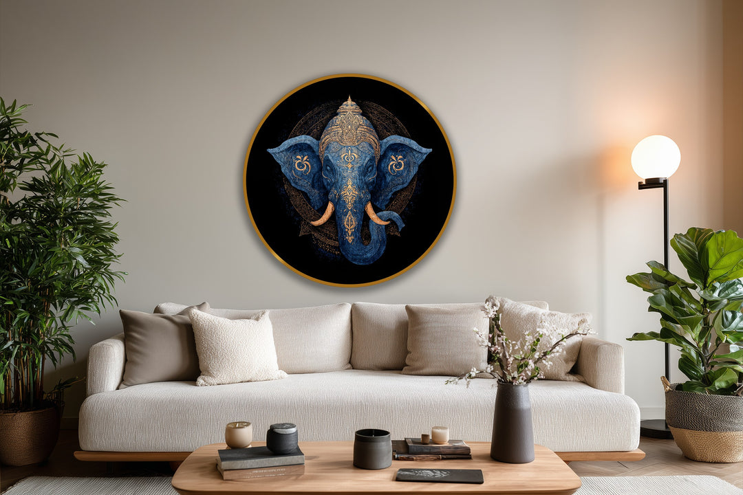 Round oil painting home decor featuring a blue sacred elephant is displayed in a horizontal orientation above a sofa.