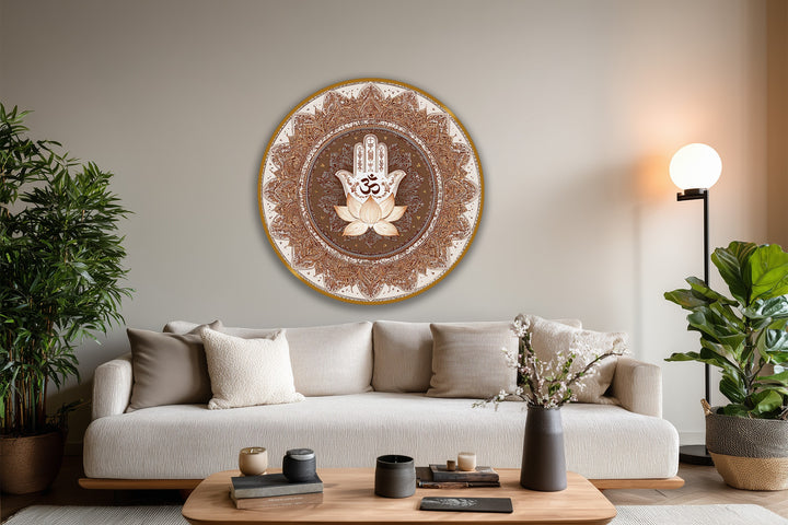 Showcasing the abstract quality of this circular Sacred Lotus Hamsa spiritual oil painting artwork on wood, the unique design lends a serene quality to any space.