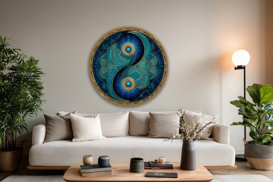 Featuring geometric elements, this oil painting reproduction print depicts a turquoise yin yang symbol with intricate patterns in a round frame for a balanced decoration.