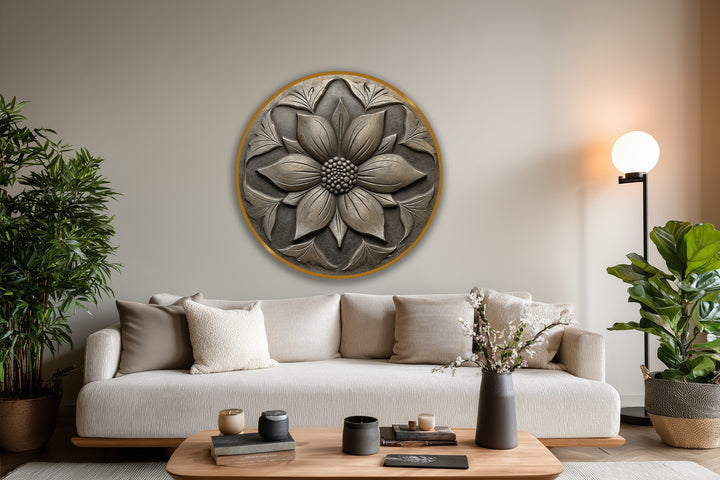 Calmly elegant, this scene features a vintage blossom relief as a circular oil painting artwork, casting a serene mood over the living room space.
