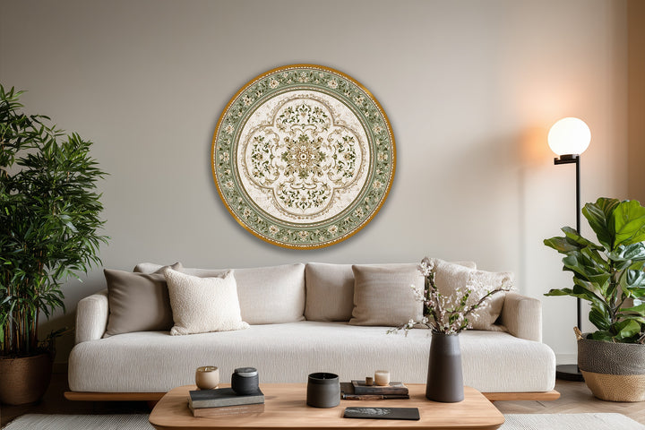 Harmonious blending of sage green and cream creates a captivating vintage floral mandala in this round oil painting home decor, a classic circular piece where colors transition with grace.