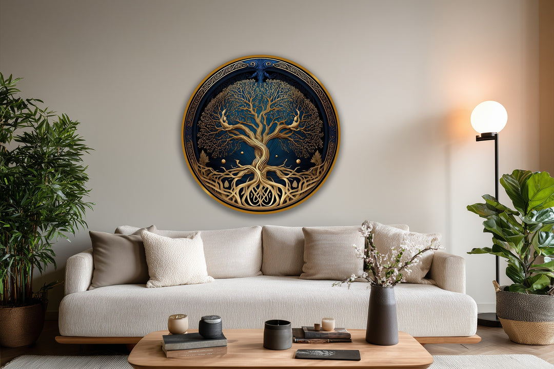 Showing the layering effect of the celestial roots and branches, this golden tree of life round oil painting artwork has depth within its circular composition.