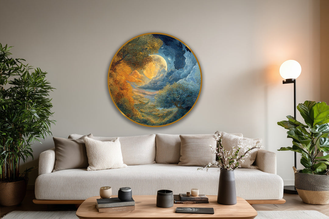 The swirling clouds and radiating light in this moonlit harmony oil painting art prints create a captivating sense of movement through the dreamlike landscape.