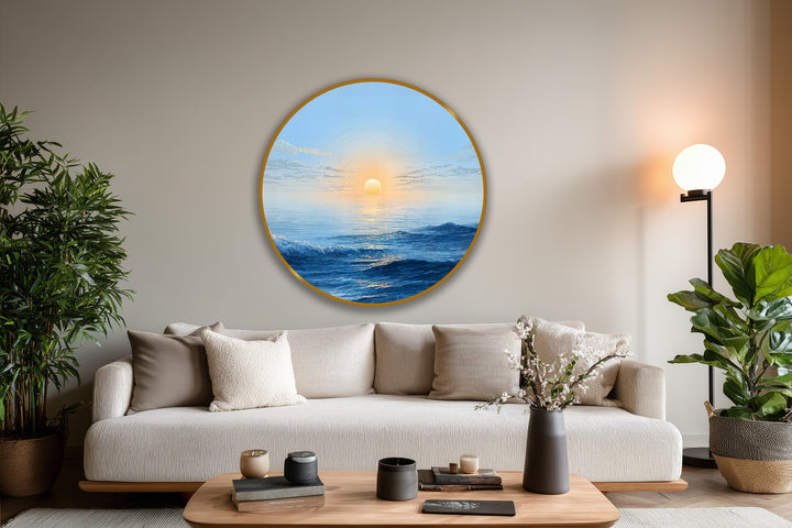 Exquisite oil painting home decor showcases the golden horizon waves in a serene seascape round oil painting, exemplifying superior material quality and artisan craftsmanship.
