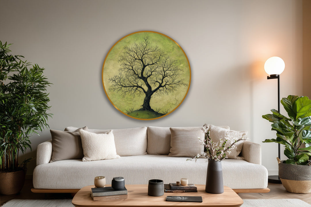 Abundant negative space surrounds the solitary branching tree in this round oil painting, enhancing the serene feel of the oil painting art prints on a soft green ground.
