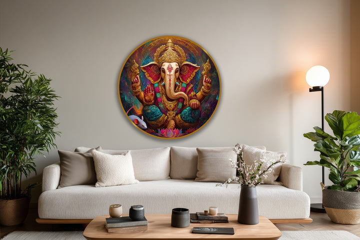 Radiant gold in this Ganesha oil painting wall art creates a captivating color contrast against the jewel-toned background, depicting divine prosperity.