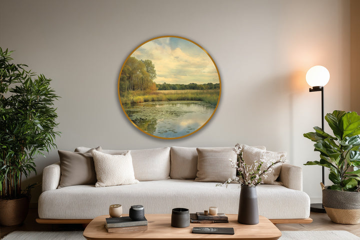 The brightest area highlights the cloudy sky reflected on the pond's surface in this golden meadow reflection oil painting decoration, showcasing a tranquil landscape.
