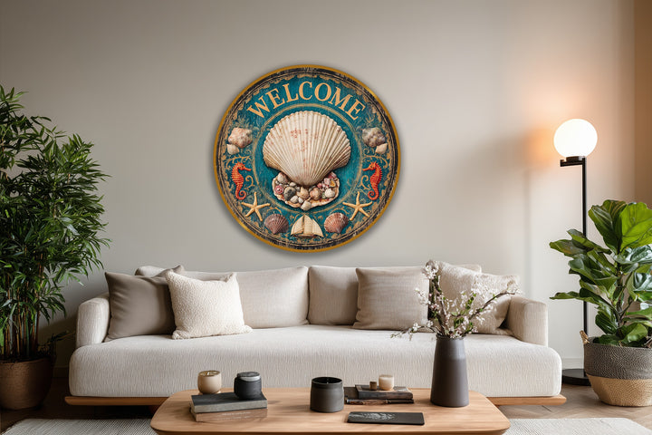 Subtle shifts in color create a striking vintage coastal welcome shell with oil painting home decor featuring seahorses and a round seashell design.
