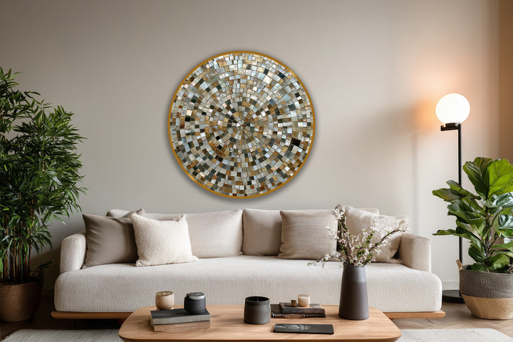 Foreground coffee table decor displays the oil painting reproduction print style of the spiral mosaic wall art featured above.