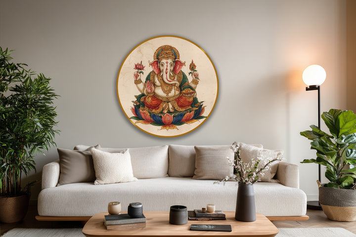 With intense color saturation, the sacred Ganesha Lotus round traditional oil painting reproduction print shows vibrant, rich hues that bring the Hindu deity to life.
