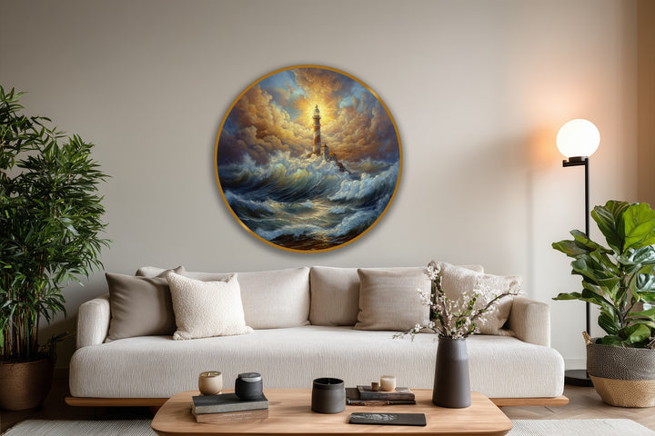 Textured surface showcases the radiant lighthouse in stormy seas round oil painting art piece, revealing an expressive application of paint creating depth and motion.