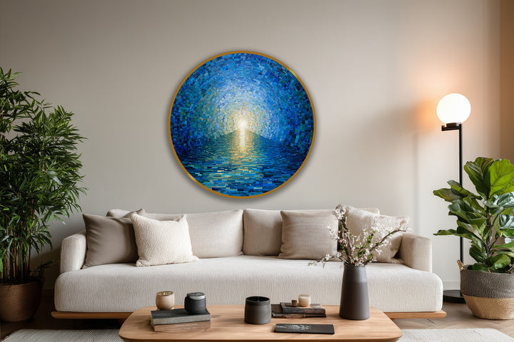 Dominated by azure and sapphire hues, the radiant horizon presents a captivating mosaic ocean round oil painting art piece with a luminous central glow.