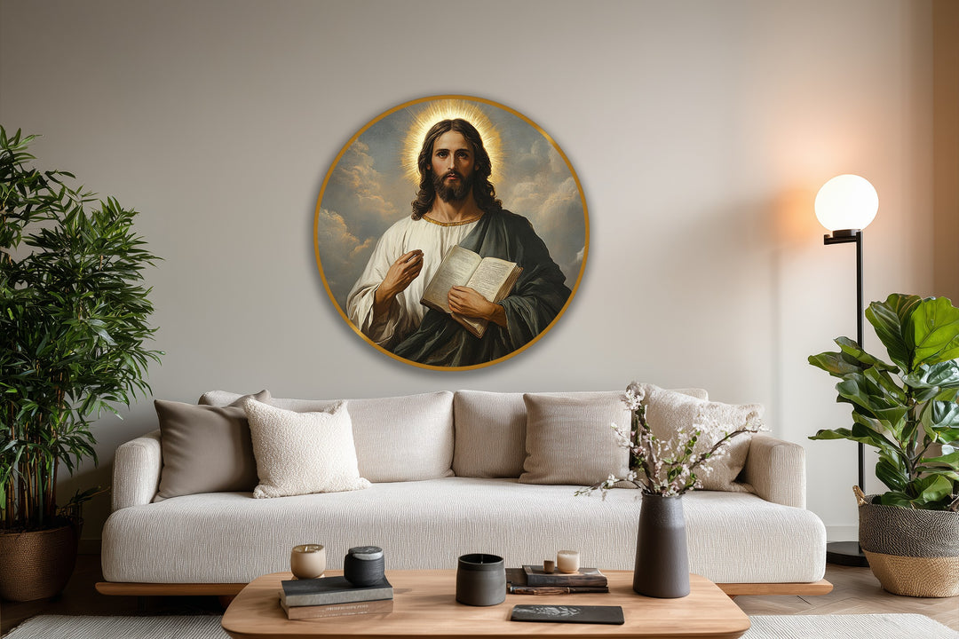 Warm tones illuminate this Sacred Light – Divine Wisdom Portrait oil painting wall art, highlighting the radiant halo in this inspirational Jesus portrait.